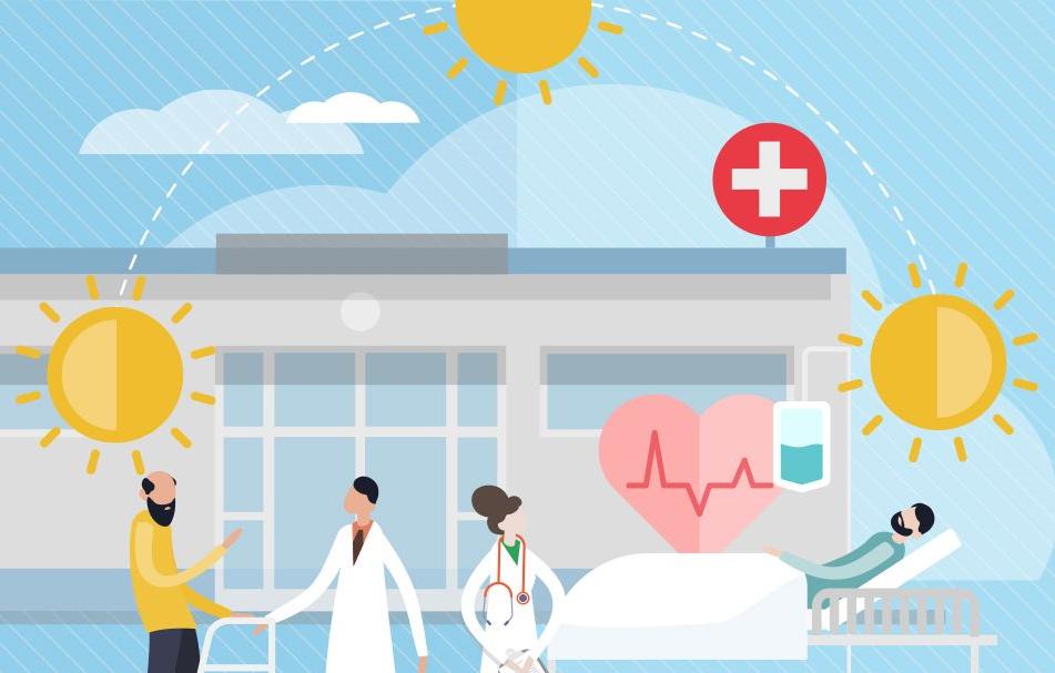 illustration showing patients being taken care of during different light levels during the day